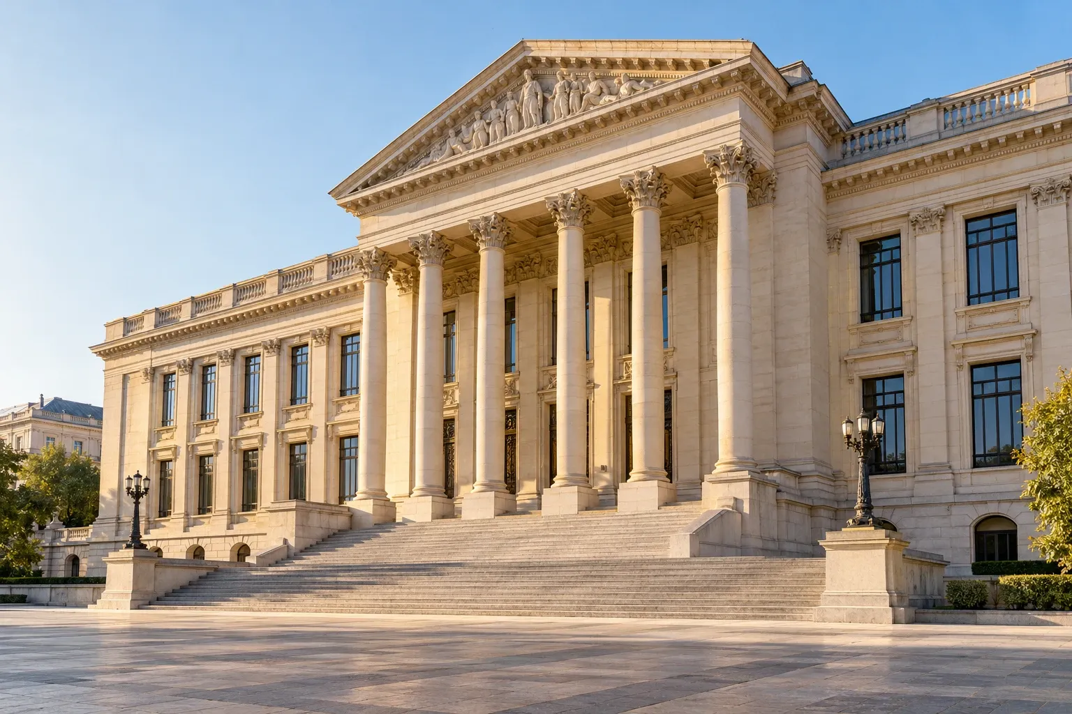 Fachada de un edificio institucional europeo con columnas