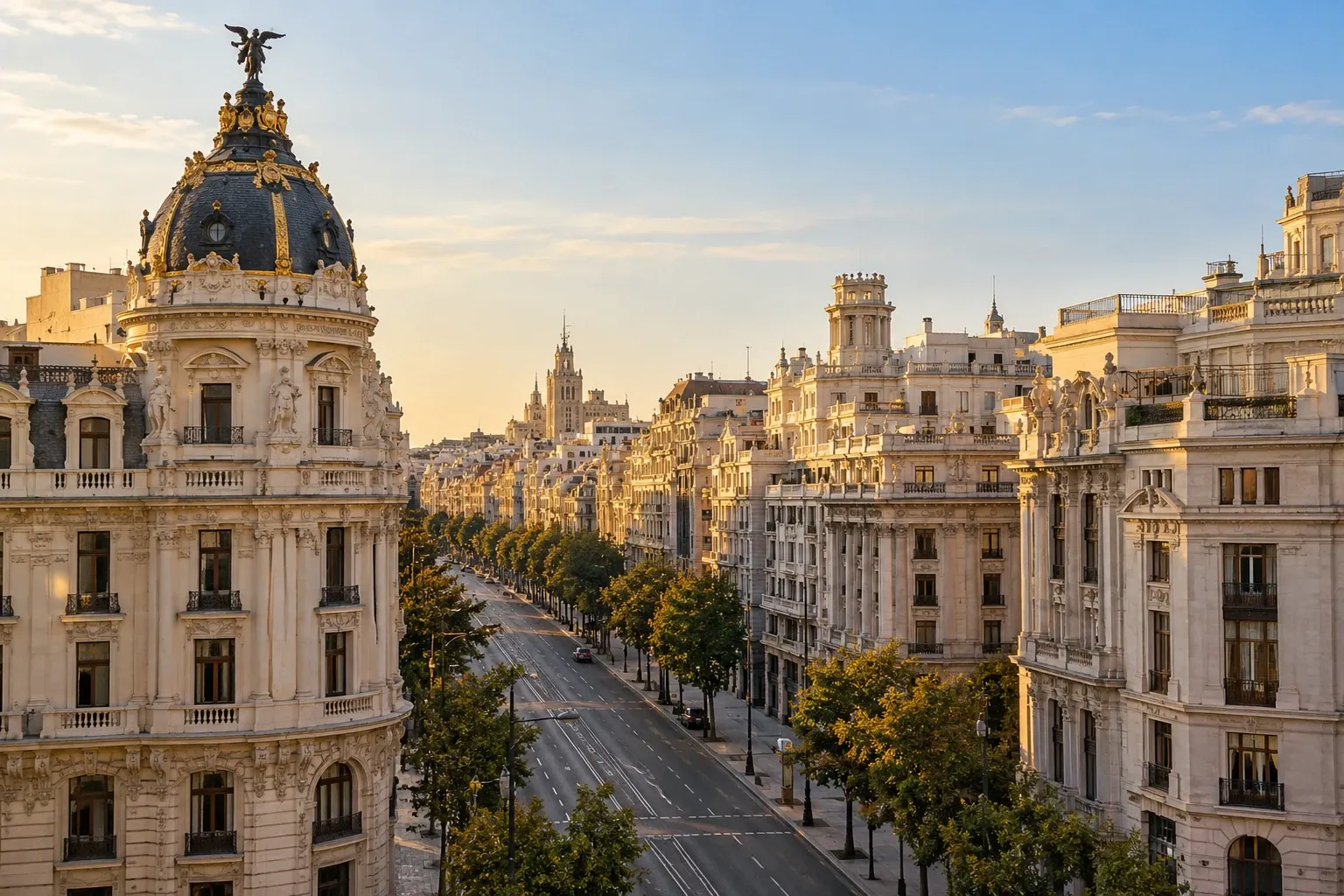 Avenida de una gran capital europea al atardecer